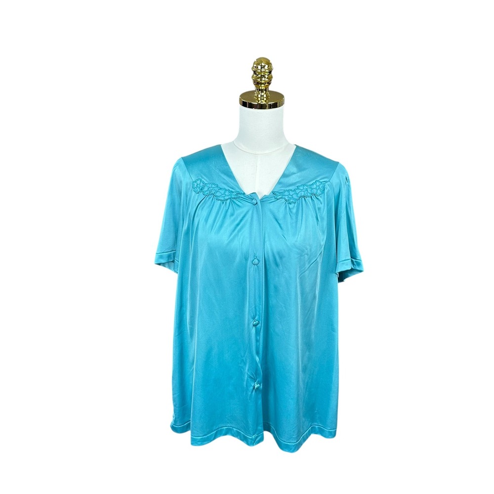 Vanity Fair Turquoise Blue Embroidered‎ Silky Nylon Bed Jacket Short Sleeve L